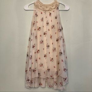 AMBRA FLARE SLEEVELES BOHO-CHIC CROCHET NECKLINE 100% SILK FLORAL BLOUSE SIZE S